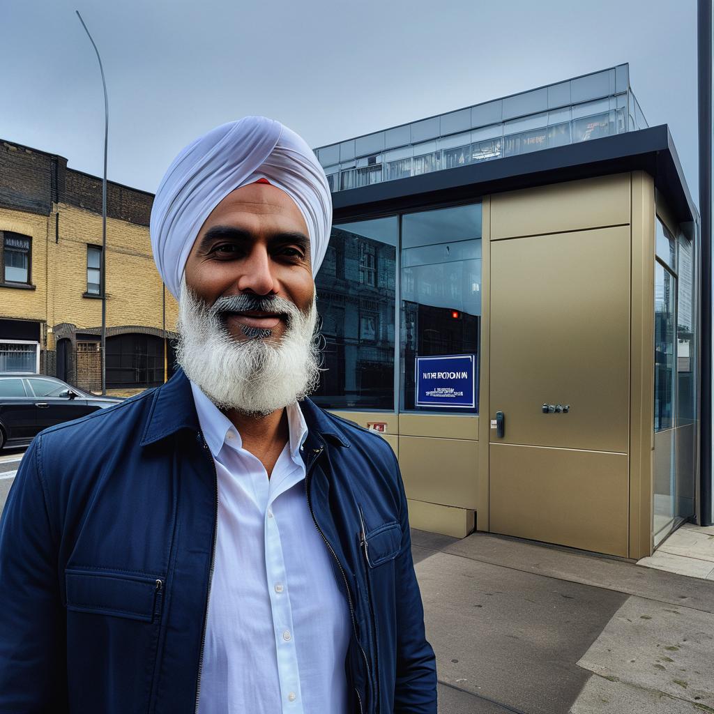  a man wearing a white turban and a long white beard stands in front of a building. he is wearing a white shirt and a dark blue jacket. the building has a sign that says "information" and a red stop sign. the man is smiling slightly, and he appears to be standing near a door of the building. the man is looking at the camera. convert this into a cartoonish picture also if there is a human or some object make their cartoonish version with proper detailing of face and other features  hyperrealistic, full body, detailed clothing, highly detailed, cinematic lighting, stunningly beautiful, intricate, sharp focus, f/1. 8, 85mm, (centered image composition), (professionally color graded), ((bright soft diffused light)), volumetric fog, trending on instagram, trending on tumblr, HDR 4K, 8K