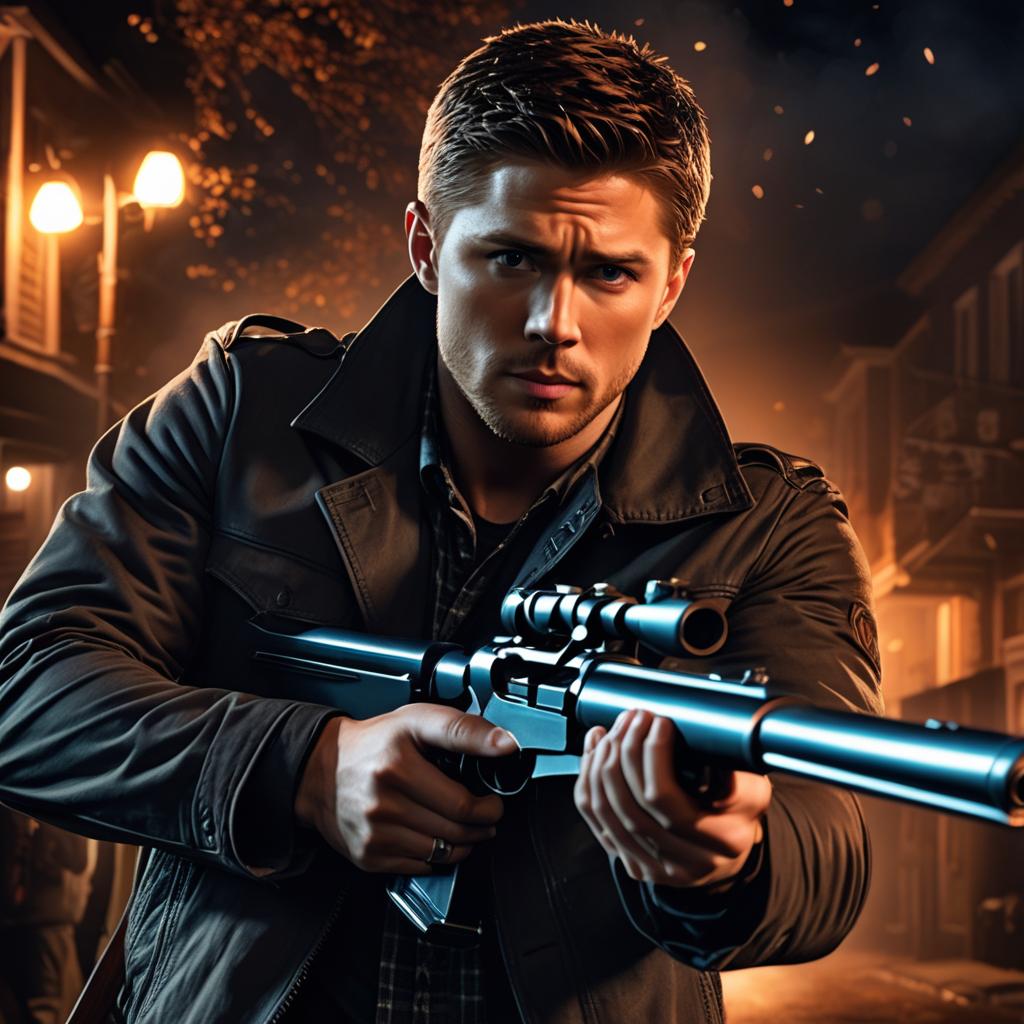  dean winchester holding a gun at night trying to shoot a monster photo realistic, highly intricate and detailed, masterpiece, ultra high res,photography,8k resolution