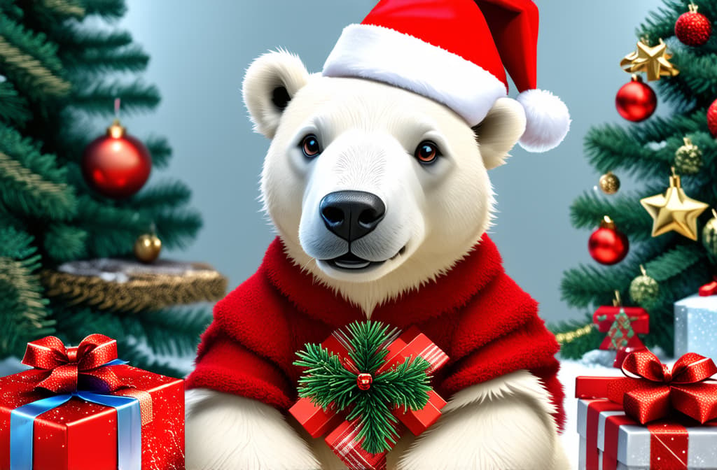  professional detailed photography, polar bear in santa hat with christmas present ar 3:2, (muted colors, dim colors, soothing tones), (vsco:0.3)