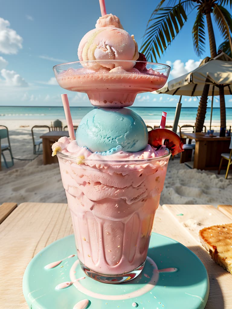  (cartoon style)(melon soda float with ice cream on it)(beach)(on the table)(close up)no photo,no real