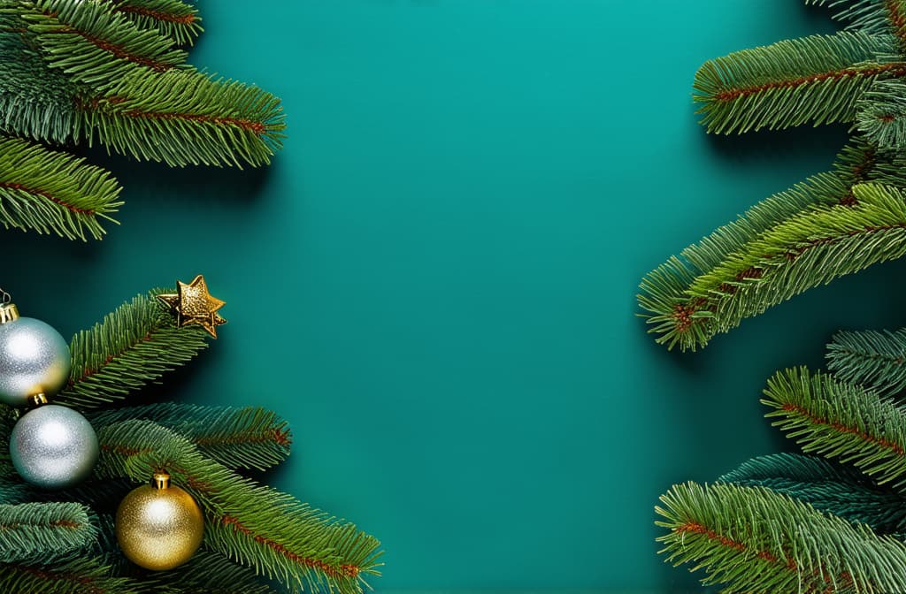  professional detailed photography, new year vertical dark turquoise background with gold and silver balls on fir branches with space for text ar 3:2, (muted colors, dim colors, soothing tones), (vsco:0.3)