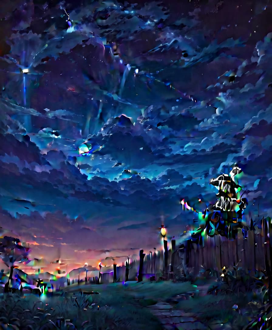  anime artwork night landscape, starry sky, dark, meadow at the bottom of the frame, witch in the right corner of the frame, sitting with her back to the viewer, sitting on a fence, magic, witchcraft, surrealism, magic wand . anime style, key visual, vibrant, studio anime, highly detailed, civitai, oil painting