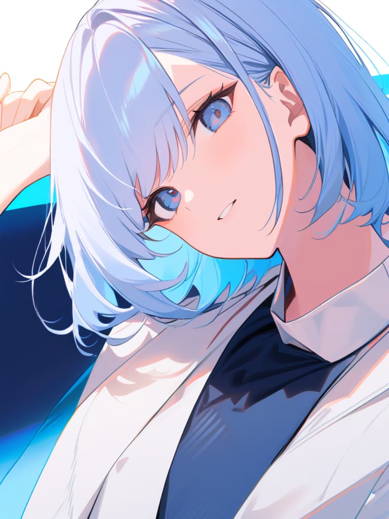  (face only from neck up:2.0)(super beautiful girl:1.7)(light blue hair color,dark blue eyes:2.0)(bailey short hair:2.0)(cecil cut:2.0)(beautiful neck:1.7)masterpiece,high quality,16k,super analysis