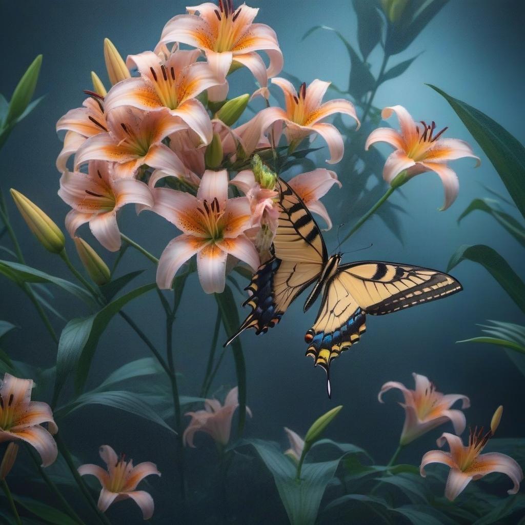  Beautiful swallowtail butterfly on lilies hyperrealistic, full body, detailed clothing, highly detailed, cinematic lighting, stunningly beautiful, intricate, sharp focus, f/1. 8, 85mm, (centered image composition), (professionally color graded), ((bright soft diffused light)), volumetric fog, trending on instagram, trending on tumblr, HDR 4K, 8K