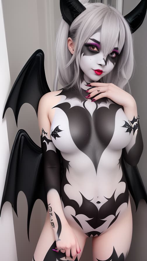  Black and grey bat-shaped body paint in every corner of the whole body, white body paint all over the body, grey face paint on the face, succubus,full body image female