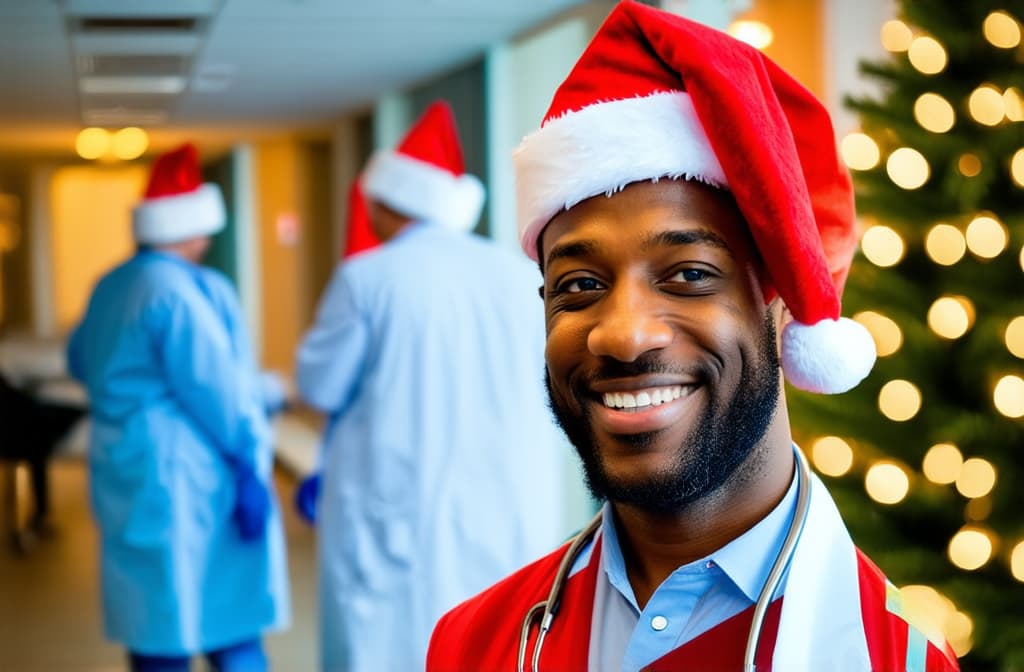  doctors in santa hats in hospital corridor on left, atmospheric, on right space for text (correct stethoscope), in back in blur christmas tree bokeh, отмечают рождество ar 3:2, (natural skin texture), highly detailed face, depth of field, hyperrealism, soft light, muted colors