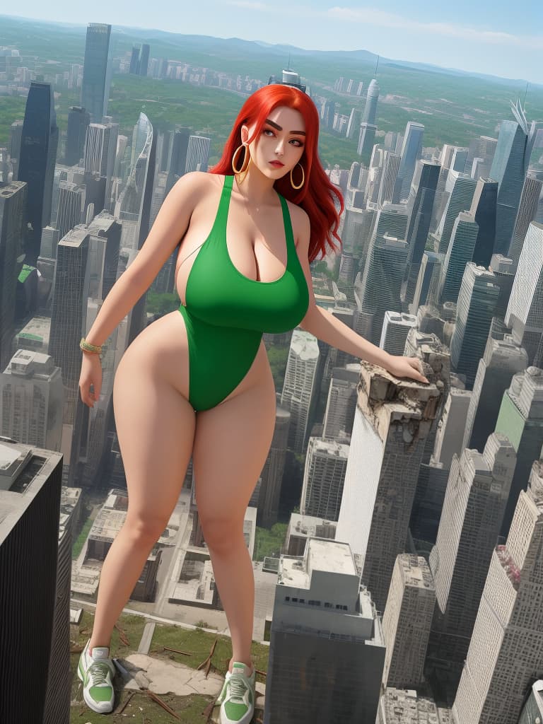  masterpiece, best quality, a giantess with arched eyebrows and a smirk, wearing a green solid color one piece with high cut legs and side , stands among the destruction of a city. her huge s and wide hips contrast with her sneakers, hoop earrings, and long red hair. the cracks on the ground emphasize her mive size as she looks down at the crushed buildings below. the aerial view captures the full body of the in 8k resolution, creating a best quality masterpiece of destruction and power. (photography, dramatic lighting, high resolution camera settings)