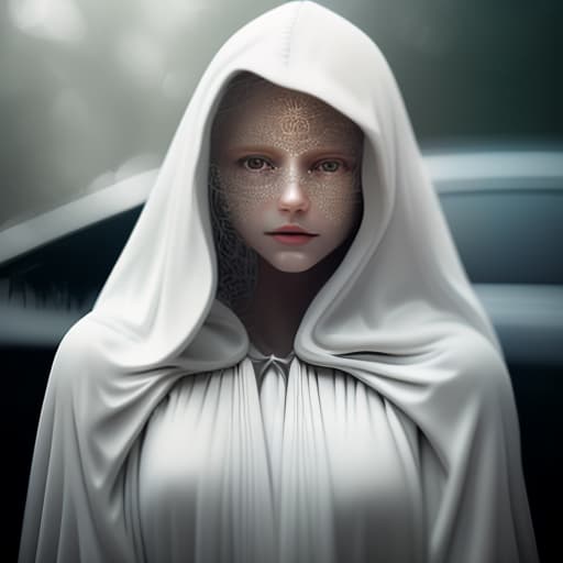  an angel in a white hood with no face in black sunglasses with large white wings sits on a black car, photorealistic, hyperrealistic, hyperdetailed, analog style, demure, detailed skin, pores, smirk, smiling eyes, matte skin, soft lighting, subsurface scattering, realistic, heavy shadow, masterpiece, best quality, ultra realistic, 8k, golden ratio, intricate, high detail, film photography, soft focus