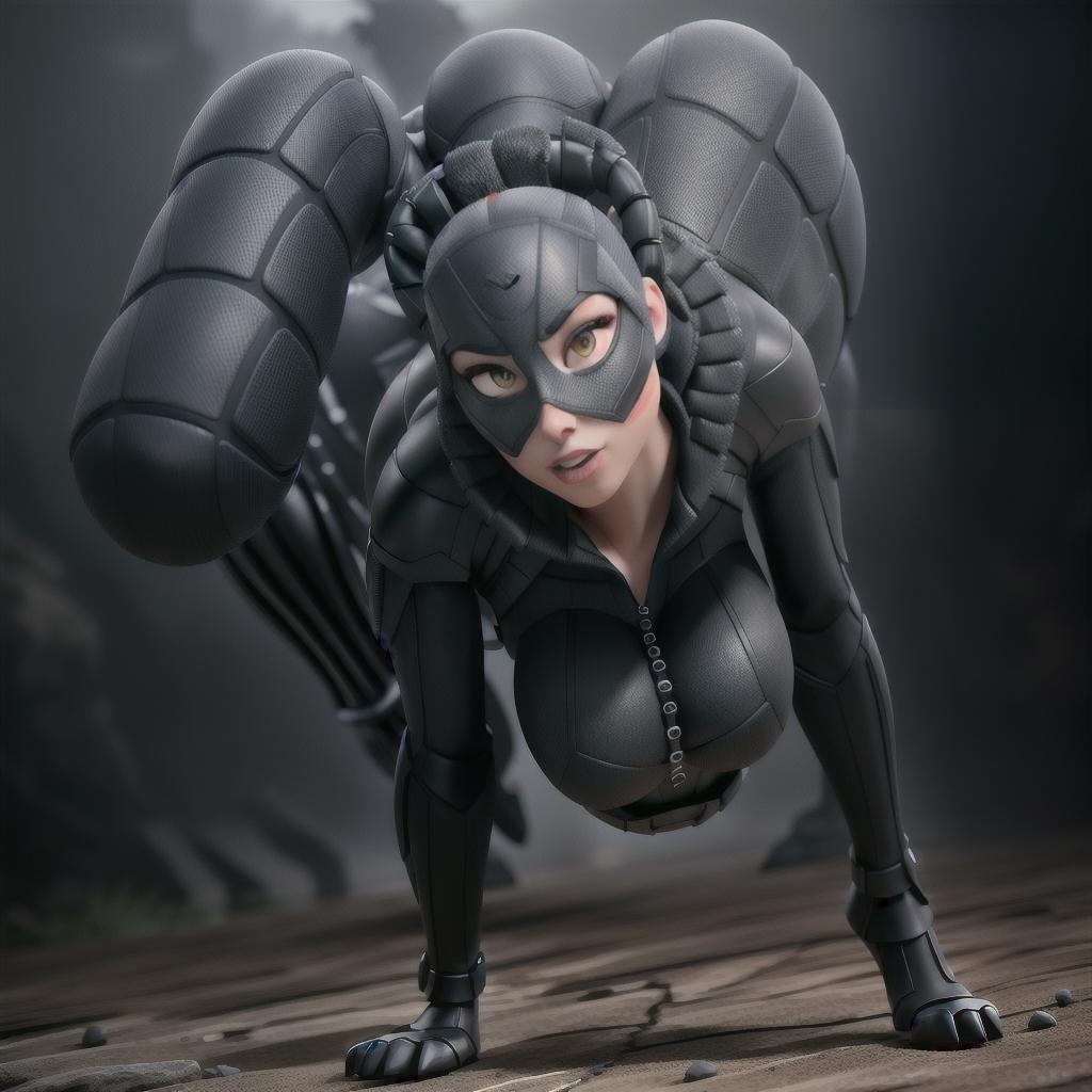  Armored black widow spider hyperrealistic, full body, detailed clothing, highly detailed, cinematic lighting, stunningly beautiful, intricate, sharp focus, f/1. 8, 85mm, (centered image composition), (professionally color graded), ((bright soft diffused light)), volumetric fog, trending on instagram, trending on tumblr, HDR 4K, 8K