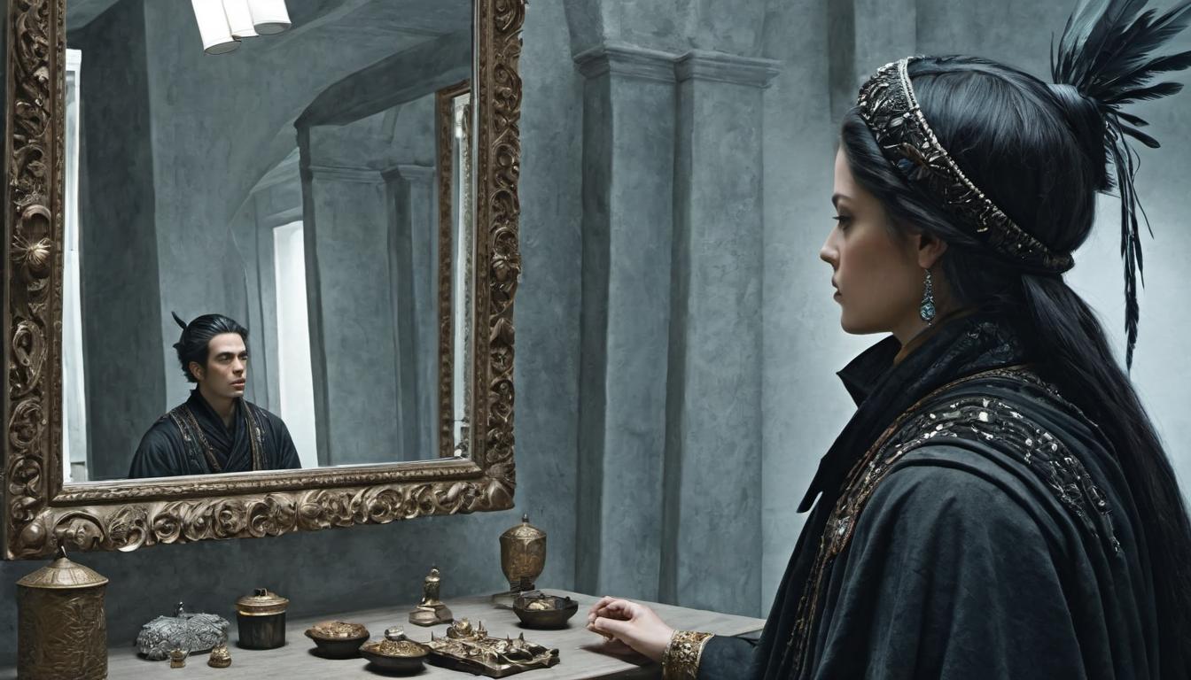  （surrealism)person in mid motion, glancing at a mirror, noticing another mimicking their attire, mirrored person subtly outlined, duality, realization, awareness mystic, intricate details, best quality)