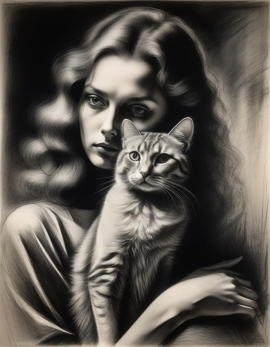  film noir style abstract charcoal sketch and pastels, delicate, perfect, stunning, captivating portrait of a woman with her lovely cat in style albrecht dürer, leonardo da vinci, rembrandt, stanisław wyspiański . monochrome, high contrast, dramatic shadows, 1940s style, mysterious, cinematic