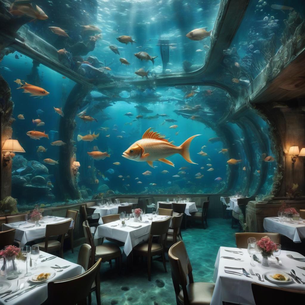  restaurant under water. fish, mermaids