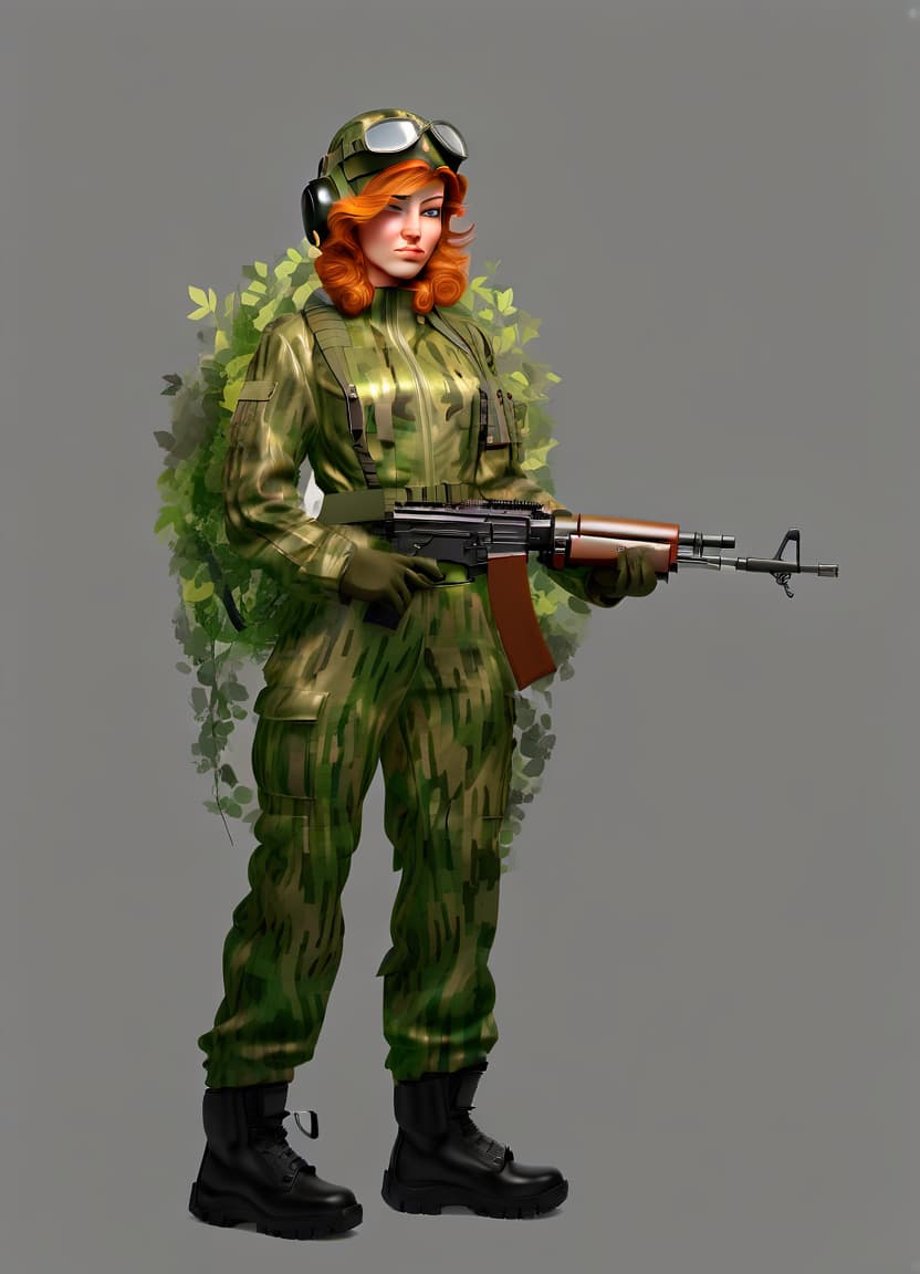  please make detailed render of women in camouflage suit with machine gun in hands and a pilot's helmet on her head