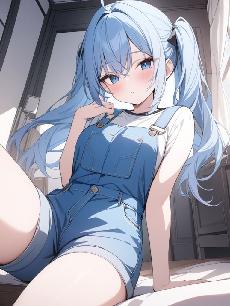  light blue hair, blue eyes, twin tails, girls, cute, overall, up, masterpiece, best quality,8k,ultra detailed,high resolution,an extremely delicate and beautiful,hyper detail