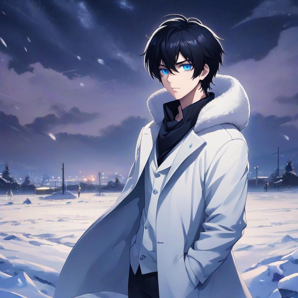  anime artwork snow field, standing man in white coat, black hair, blue eyes, night . anime style, key visual, vibrant, studio anime, highly detailed