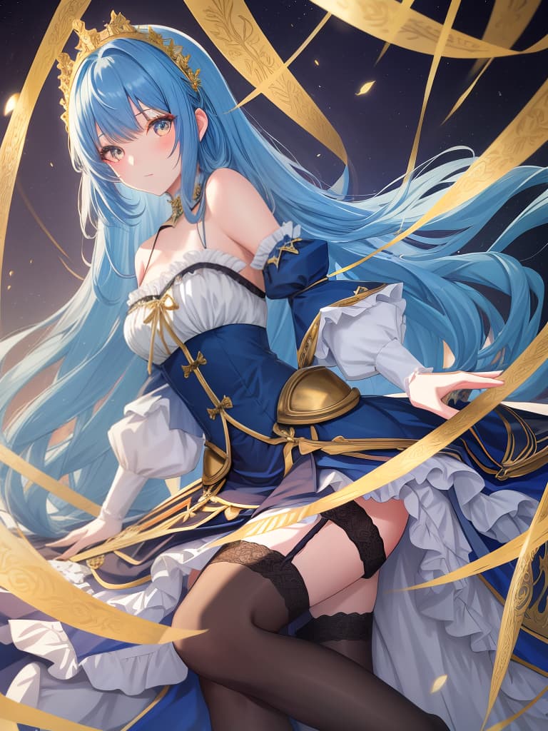  super long long hair, garter stocking, round spell, beautiful girl, camisole, blue hair, gold eyes, masterpiece, best quality,8k,ultra detailed,high resolution,an extremely delicate and beautiful,hyper detail