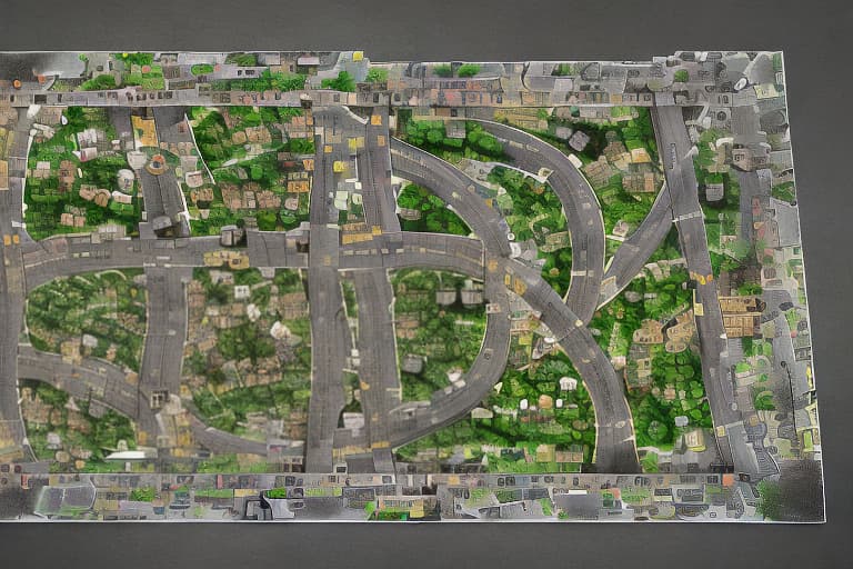 redshift style Generate a blank road play mat of Gotham City, featuring: - A detailed network of roads, highways, and alleys - Blank spaces where buildings and landmarks would be, allowing for placement of individual location images - Include iconic road features like streetlights, manhole covers, and crosswalks - Maintain a dark, gritty, and gothic atmosphere, inspired by the Batman franchise - Dimensions: A large, foldable road play mat, ideal for tabletop games and creative play Note: The focus is on the road layout and infrastructure, with blank spaces for adding individual location images, like the ones we previously discussed.