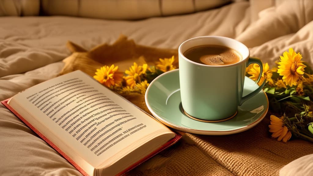  a cup of coffee and a book on a bed, flowers around, avatar image, fan favorite, profile picture, golden linings, profile pic, poetry, wonderful compositions ar 16:9 {prompt}, maximum details