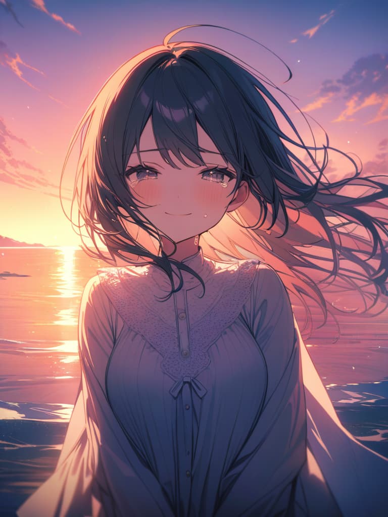  crying girl, cute, smiling, tears, sea behind, sunset, masterpiece, best quality,8k,ultra detailed,high resolution,an extremely delicate and beautiful,hyper detail