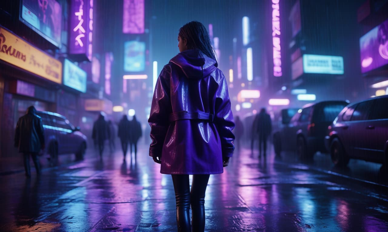  cinematic film still night city, cyberpunk, a lot of neon signs, rain, the girl goes to meet, wrapped in a jacket, high resolution, photorealism, a lot of purple tones . shallow depth of field, vignette, highly detailed, high budget, bokeh, cinemascope, moody, epic, gorgeous, film grain, grainy