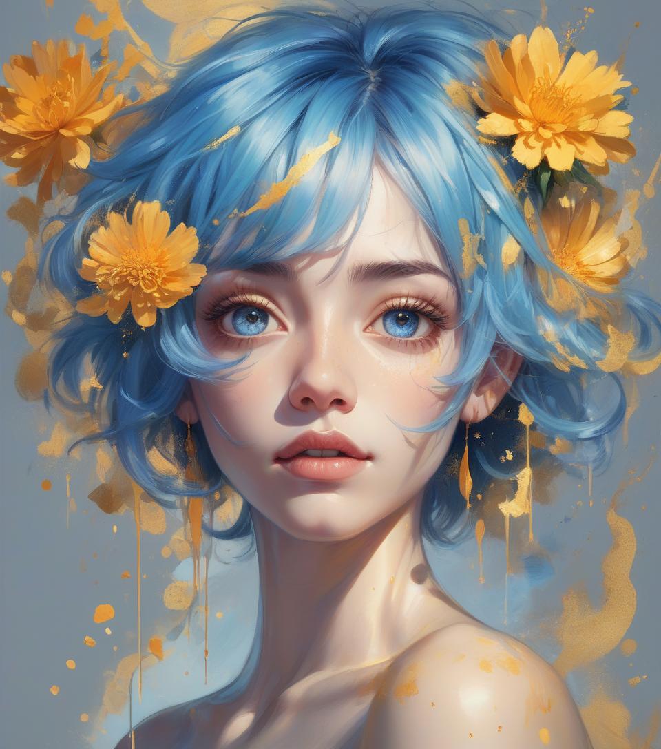  a painting of a woman with blue hair, marigold celestial vibe, :: rossdraws, blue and gold color scheme, within radiate connection, glowing aesthetic, golden taurus, suns, looking to stars, very anime, bright:. hyperrealism mixed with 2d, bold colors, stylized portraits, famous faces, pop art still life, pop art landscapes. delicate face, facial details, confident soft impressionist perfect composition, sharp, perfect eyes. jamuary 21 = drawing + romanticism + abstract art. drawing by michael ayrton, fusion of [romanticism | abstract art by alberto seveso] digitally enhanced cinematic pencil sketch manifesting intense emotion. an image must have a mysterious look and incredible masterpiece quality it must be in high resolution (8k) w