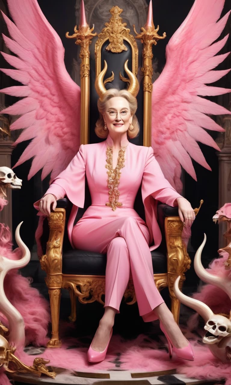  concept art pink, gold, black, white hell, near dishonesty, skeletons and demons meryl streep with demon horns on satan's throne chic prada shoes . digital artwork, illustrative, painterly, matte painting, highly detailed, perfect hands