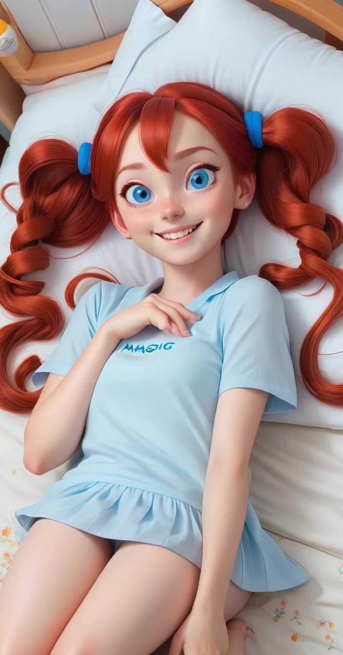  absolutely of 25, lying on her back, , sharp s, red hair, blue eyes, light smile, two pigtails, skin, hands behind her head, legs open, to the sides, light on the inside of the thigh. bedroom, hkmagic