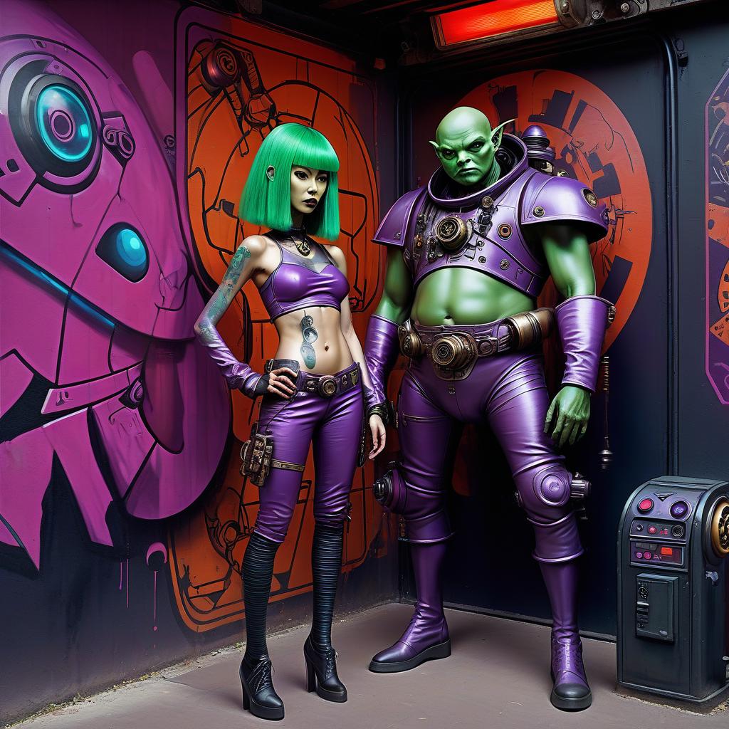  graffiti style a group of space pirates, a young alien of thai appearance, 20 year, purple skin, medium sized elastic , elegant thin waist, long slender legs, green hair. man, 40 year, small, fat, bald, black. next to the droid and minotaur. full length image, steampunk, dieselpunk, paropunk, standing in a space tavern, against a background of red light. . street art, vint, urban, detailed, tag, mural