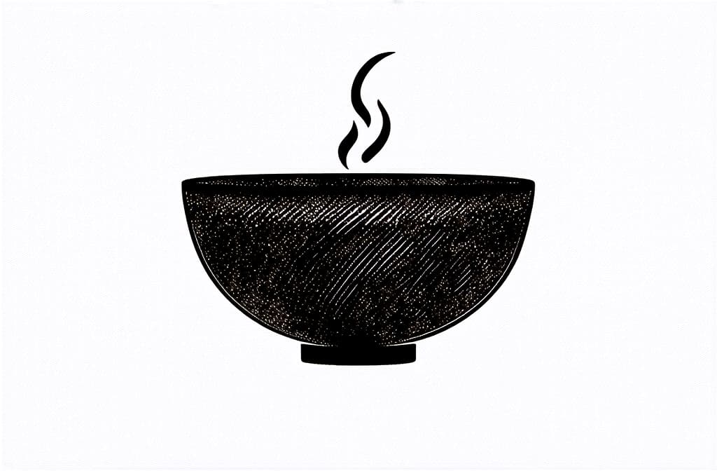  contour, very simple image in one unbroken black ink line, single line of steaming warm soup bowl, engraving illustration, icon isolated on white background ar 3:2 using a single continuous black line ink brushon white background, drawing should be created without lifting the pen, recognizable features of steaming warm soup bowl, engraving illustration, icon isolated on white background ar 3:2 in one unbroken line