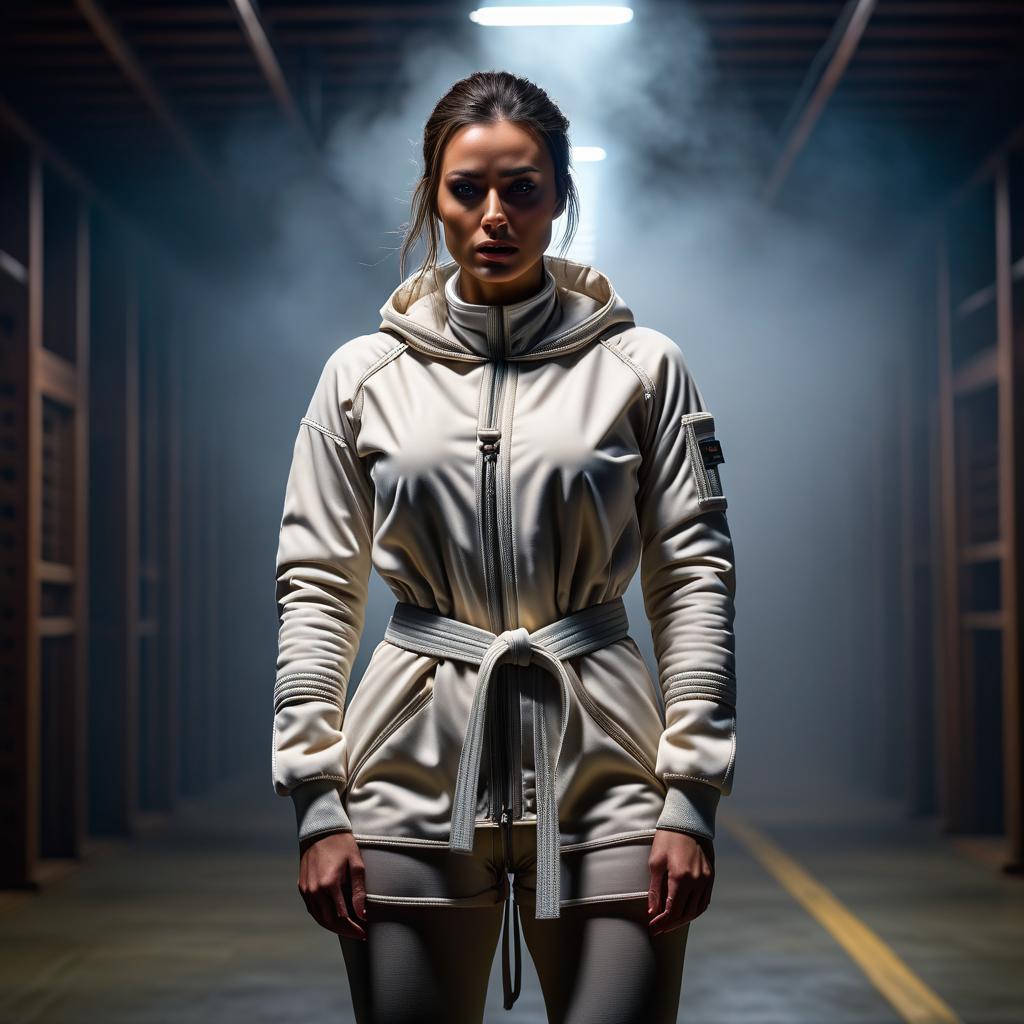  a girl in a straitjacket hyperrealistic, full body, detailed clothing, highly detailed, cinematic lighting, stunningly beautiful, intricate, sharp focus, f/1. 8, 85mm, (centered image composition), (professionally color graded), ((bright soft diffused light)), volumetric fog, trending on instagram, trending on tumblr, HDR 4K, 8K