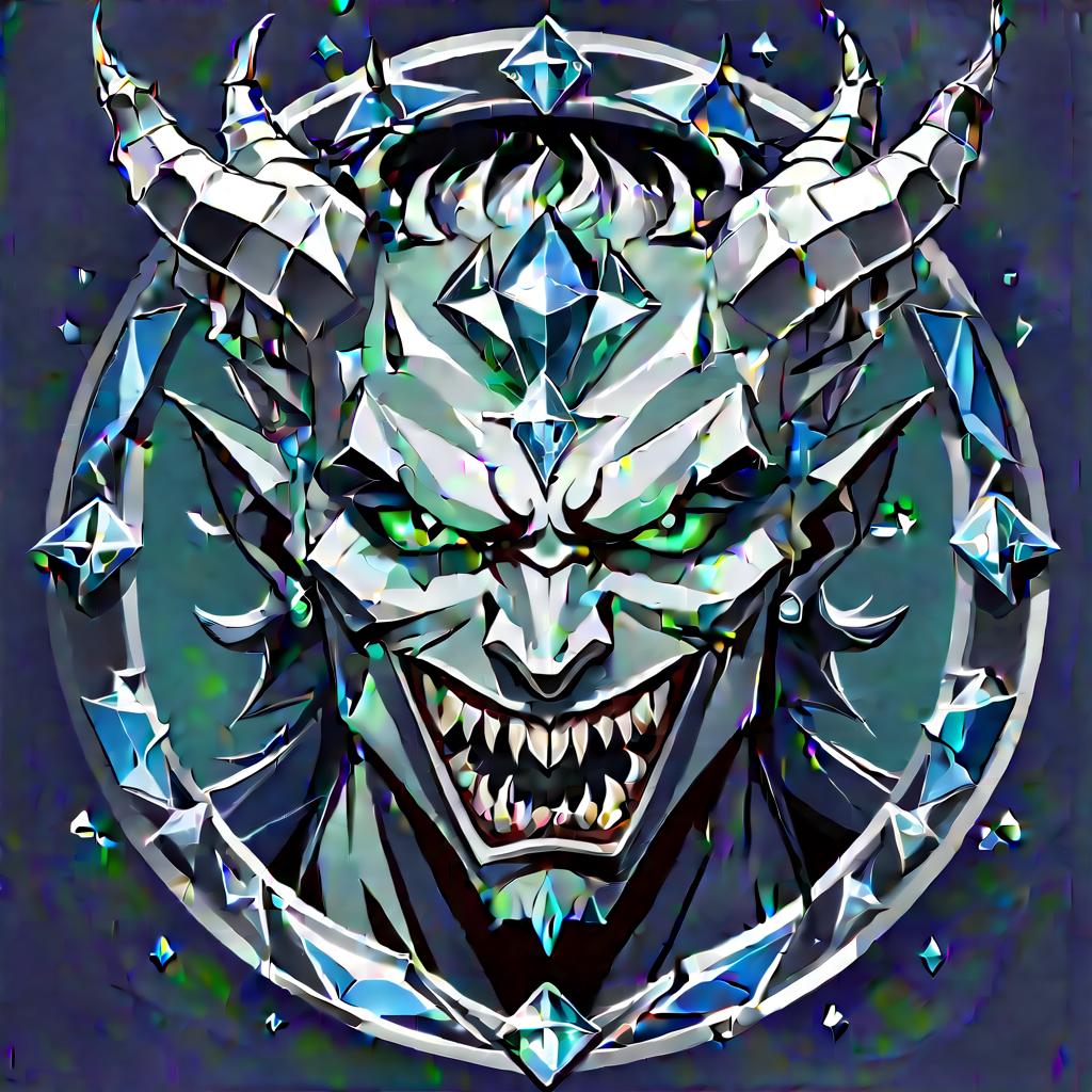  minimalist style diamond devil, portrait. dark green eyes, man. kind. hair gray. with fangs and horns. colors blue, blue, silver . simple, clean, uncluttered, modern, elegant