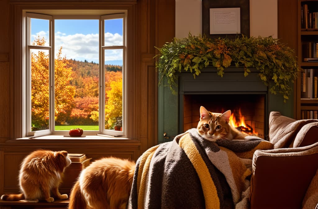  2/3 on the left is a window overlooking an autumn garden, 1/3 on the right is a dog and a cat sitting together on a sofa wrapped in a blanket next to a fireplace ar 3:2 {prompt}, maximum details