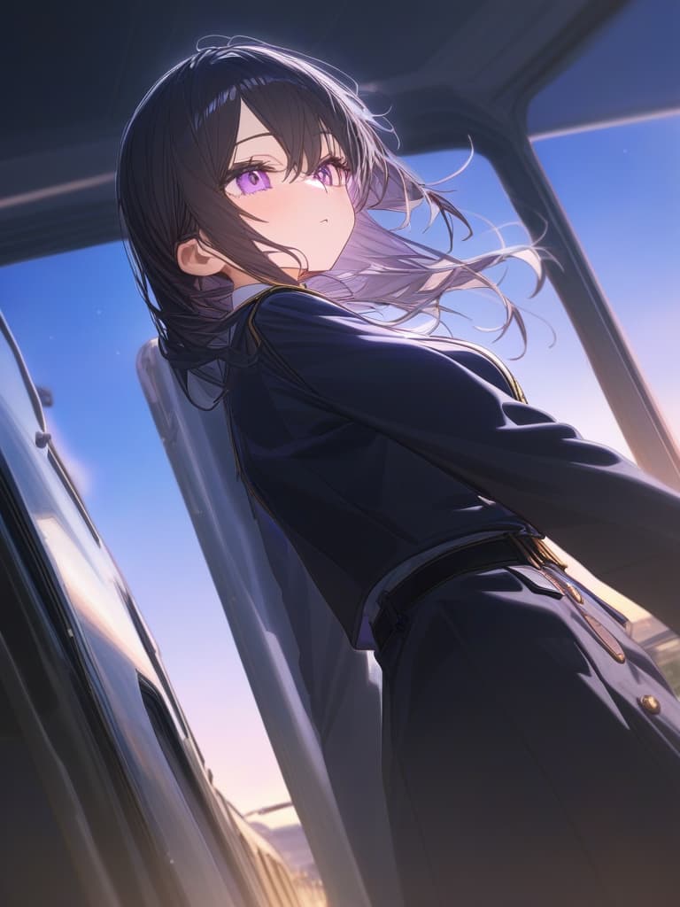  train, evening, uniform, black hair, long, purple eyes, masterpiece, best quality,8k,ultra detailed,high resolution,an extremely delicate and beautiful,hyper detail