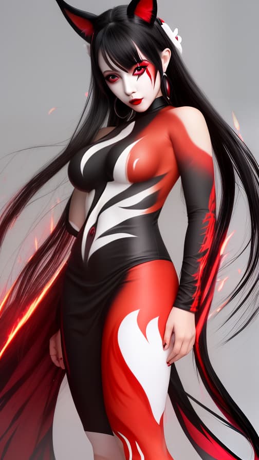  Full body red and Black flame pattern body paint, White body paint on the whole body, White face paint on the face, Dark elf 女性