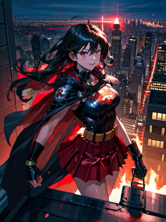  master piece, best quality, ultra detailed, highres, 4k.8k, superheroine, striking a powerful pose, confident smile, break superheroine's paradox, city rooftop, cape, jewelry, handcuffs, belt, break urban skyline at night, dynamic and heroic,