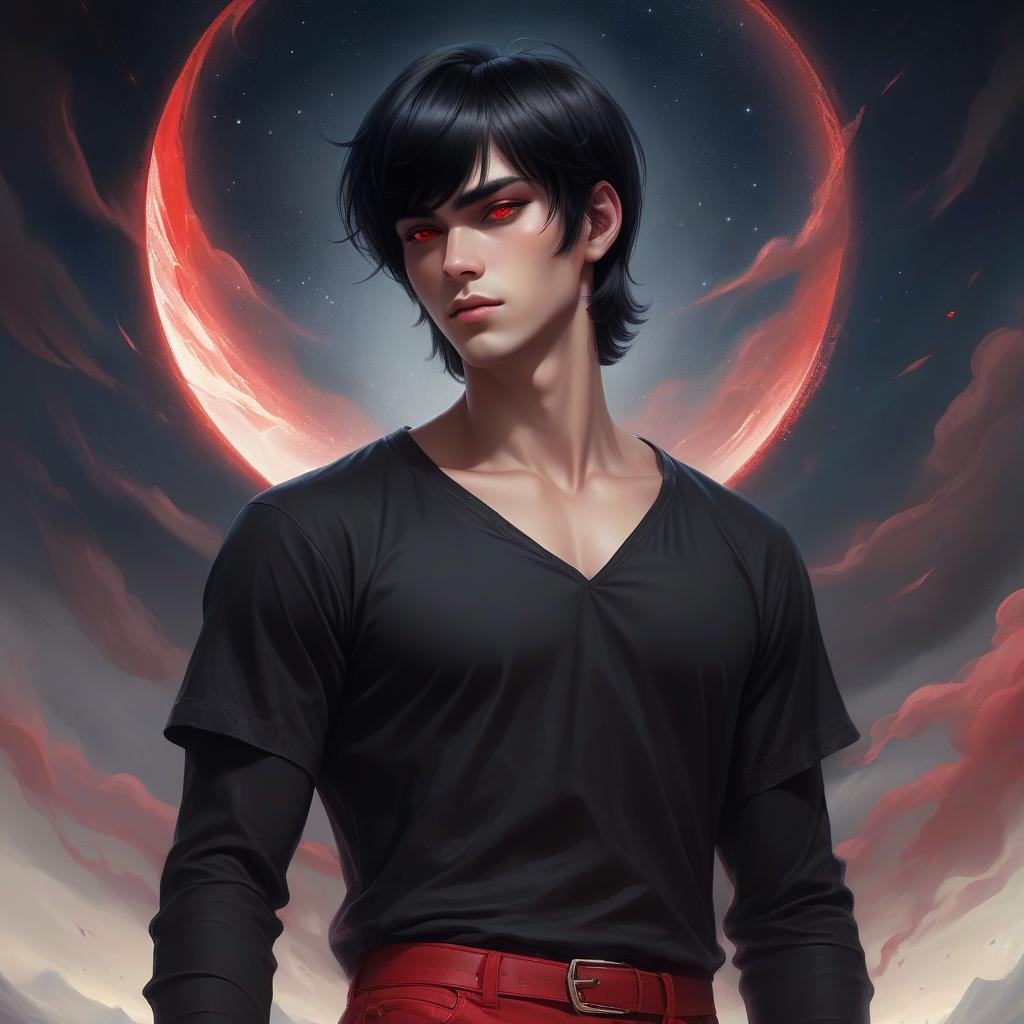  ethereal fantasy concept art of the guy with the bangs back, short black hair, red eyes, wearing black pants and a black t shirt . magnificent, celestial, ethereal, painterly, epic, majestic, magical, fantasy art, cover art, dreamy