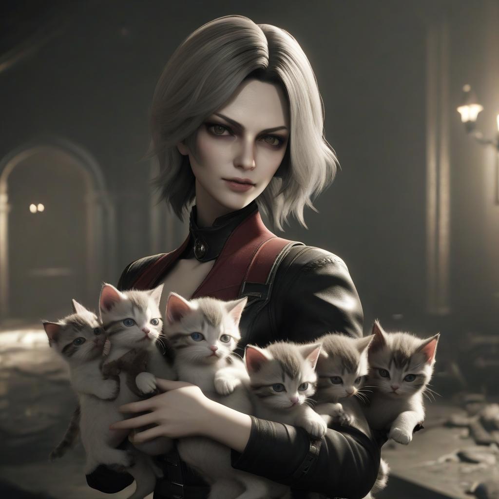  lady dimitrescu from game resident evil 8 holds a bunch of little kittens in her hands.