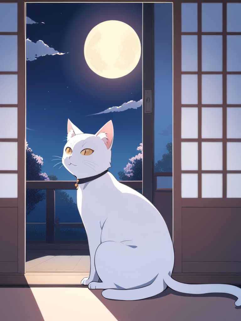  1cat ,japanese cat,nature,animal focus,looking outside from the japanese style room,cosmos field ,cat sitting on the porch ,full moon night,