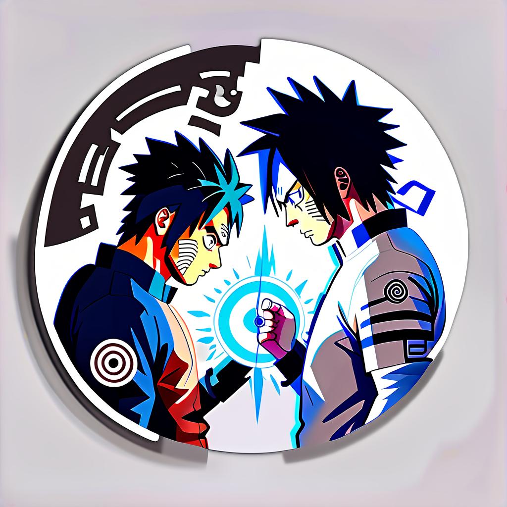  line art drawing naruto and sasuke, round sticker . professional, sleek, modern, minimalist, graphic, line art, vector graphics, sticker, glowneon