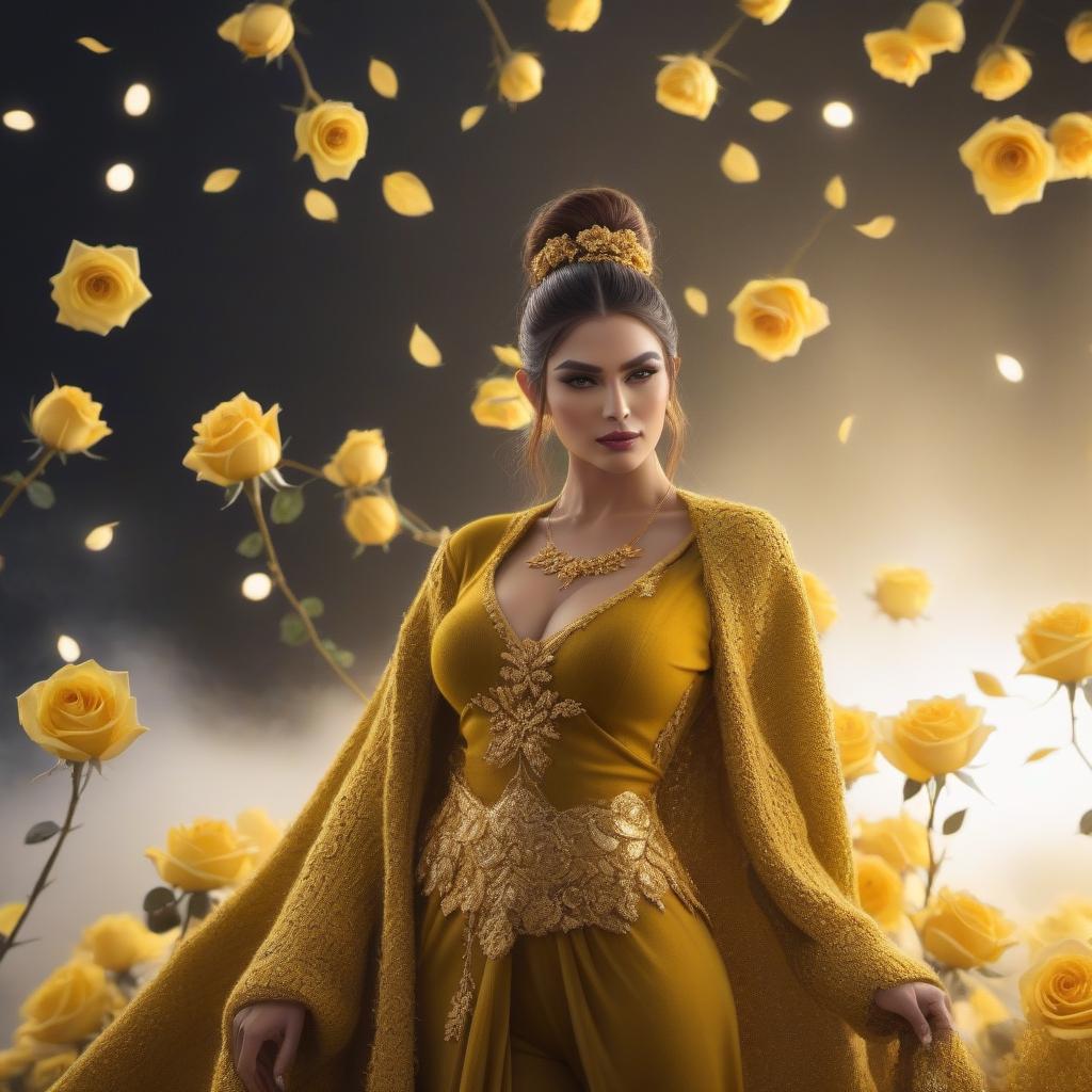  Knitted orc wool, yellow roses, gold brocade background, realistic color photo hyperrealistic, full body, detailed clothing, highly detailed, cinematic lighting, stunningly beautiful, intricate, sharp focus, f/1. 8, 85mm, (centered image composition), (professionally color graded), ((bright soft diffused light)), volumetric fog, trending on instagram, trending on tumblr, HDR 4K, 8K