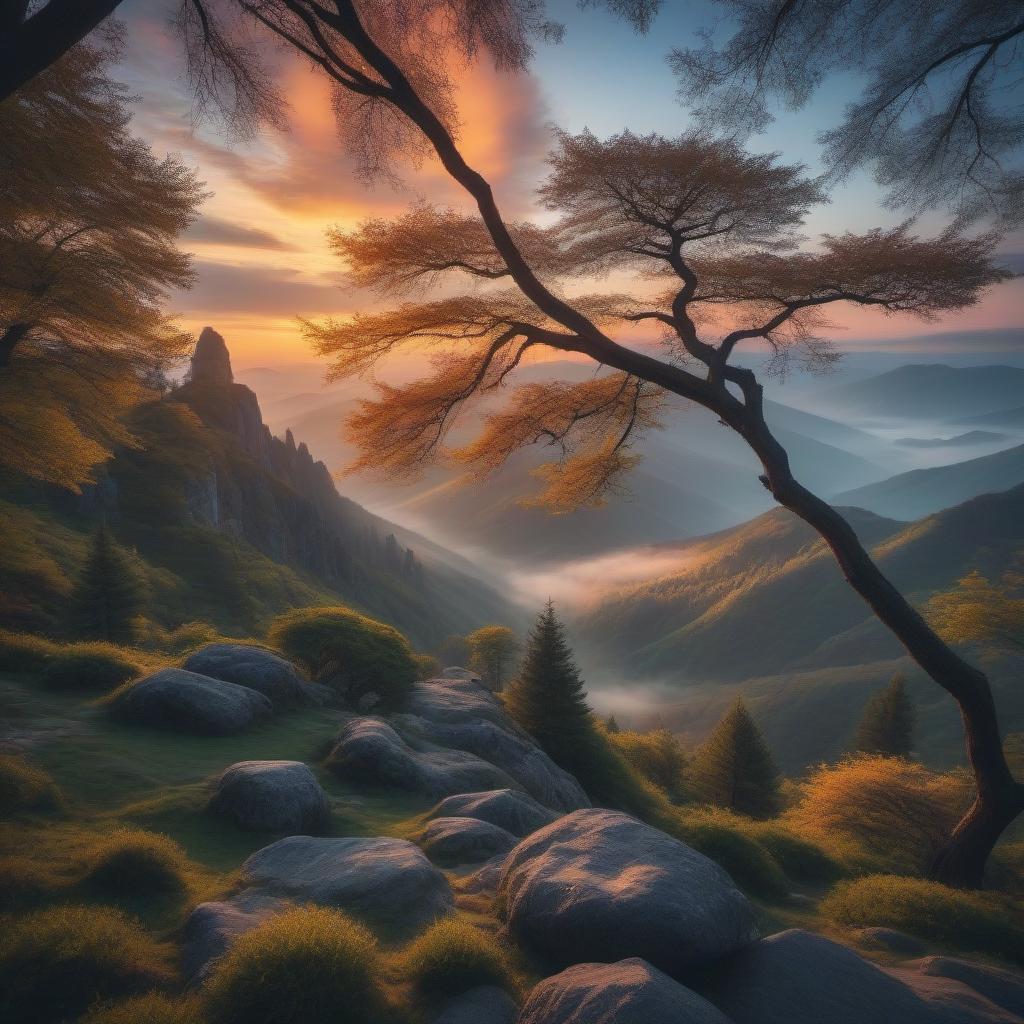  A calm mountain top, with a view of a peaceful valley, on which stands one tree, silhouetted at sunset. hyperrealistic, full body, detailed clothing, highly detailed, cinematic lighting, stunningly beautiful, intricate, sharp focus, f/1. 8, 85mm, (centered image composition), (professionally color graded), ((bright soft diffused light)), volumetric fog, trending on instagram, trending on tumblr, HDR 4K, 8K