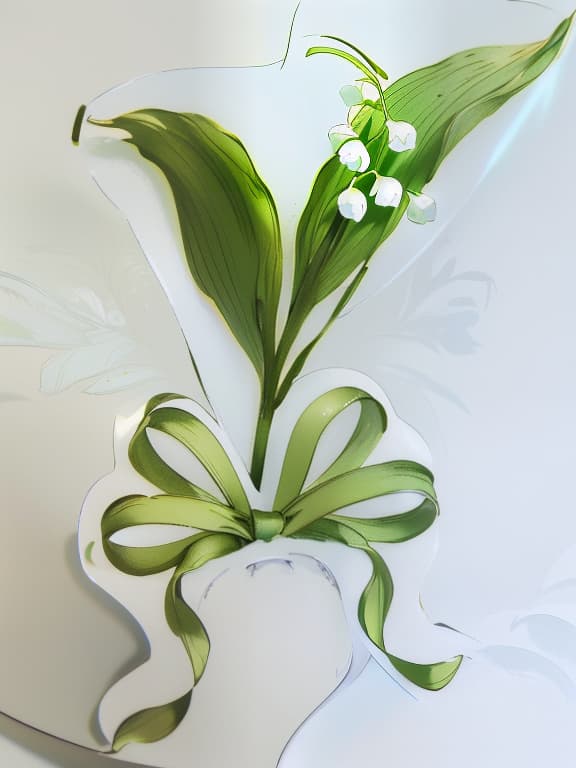  lily of the valley tied with a green ribbon on a plain white background hyperrealistic, full body, detailed clothing, highly detailed, cinematic lighting, stunningly beautiful, intricate, sharp focus, f/1. 8, 85mm, (centered image composition), (professionally color graded), ((bright soft diffused light)), volumetric fog, trending on instagram, trending on tumblr, HDR 4K, 8K