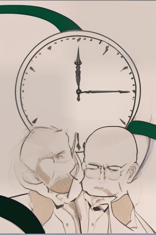  finish the image, two men in front, green ribbon, behind the clock