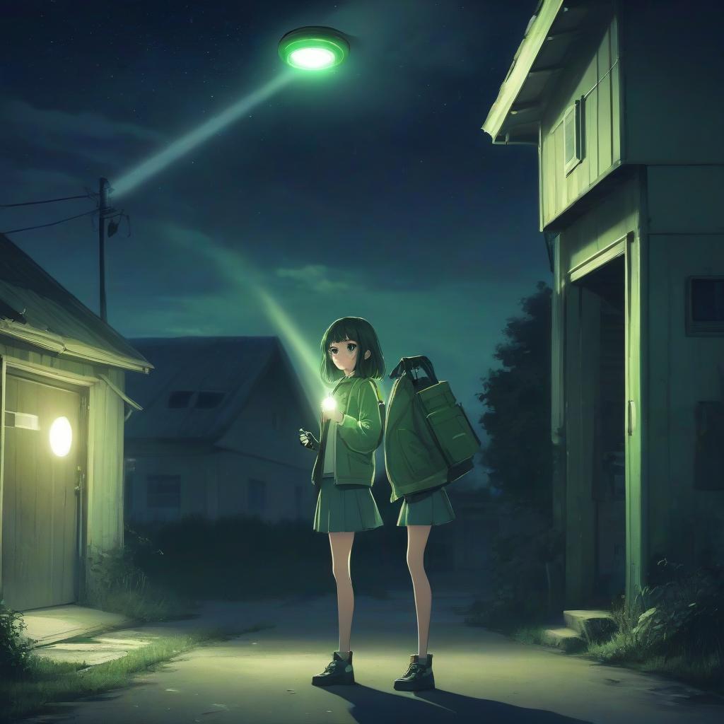  anime girl with a flashlight in her hands near a garage in the village, night, green tones, ufo in the sky