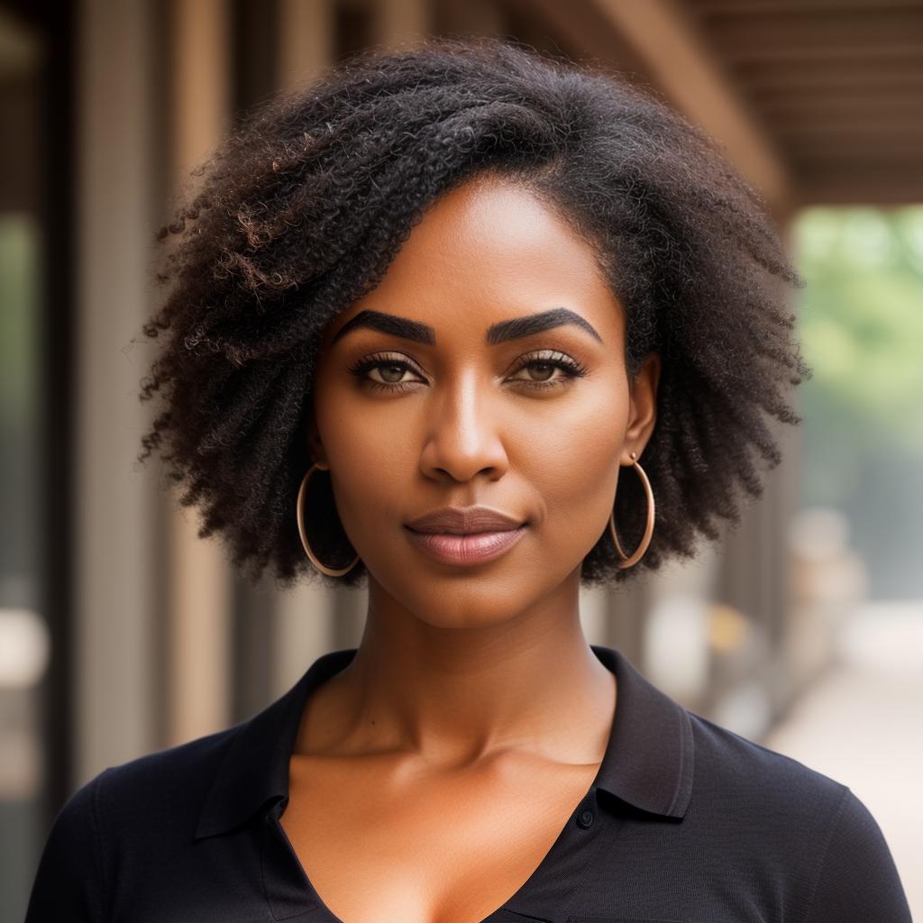  (((realistic full torso frontal head shot of a very dark brown to black skin tone woman))), mbali abena sankara, ((black african heritage)), immature face, brown eye color, ((afro hair style)), ((black hair color)), (( body type)), medium size, big size, (immature flat nose), (immature defined cheekbones), (immature strong jawline), (immature lips), (immature high broad forehead), (immature curved eyebrows), (immature dimpled chin), standing straight looking directly into the camera,((wearing fitted polo shirt with deep v neck and monogrammed pocket)), backyard in background, 1girl, best quality, highest quality, award winning photo, masterpiece, raw, professional photography, photorealism, sharp focus, ci hyperrealistic, full body, detailed clothing, highly detailed, cinematic lighting, stunningly beautiful, intricate, sharp focus, f/1. 8, 85mm, (centered image composition), (professionally color graded), ((bright soft diffused light)), volumetric fog, trending on instagram, trending on tumblr, HDR 4K, 8K