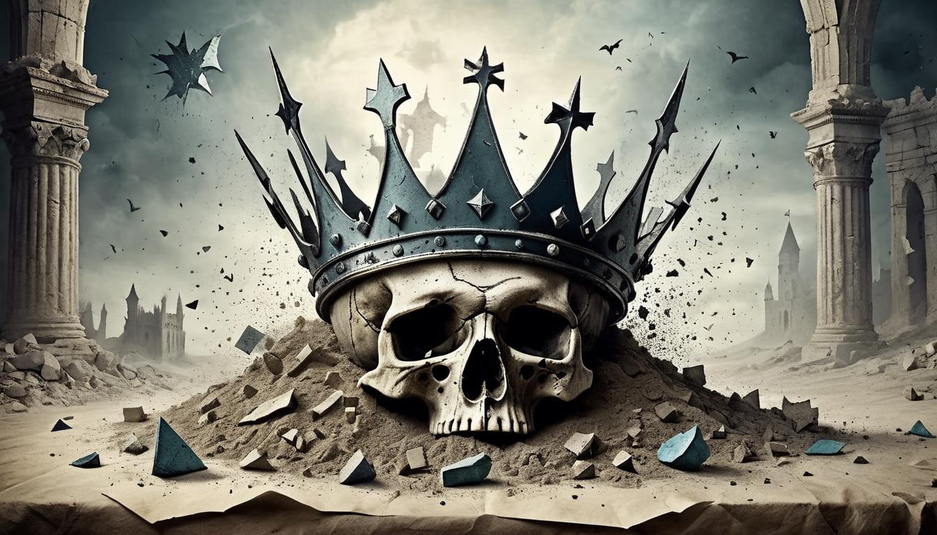  on parchment, surrealism+++, a shattered crown lying in dust, pieces scattered, symbols of bygone dominance, relinquished control and ruin(mysterious, provocative, symbolic,muted color)+++