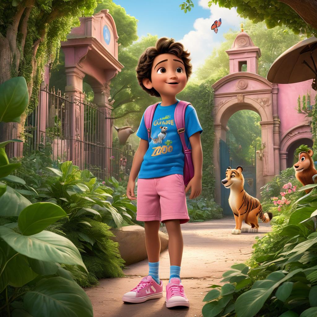  in 3d animated movie style. disney pixar style. paris, old in pink t shirt, blue shorts, pink sneakers, kind hearted, adventurous. milo, old , cheeky, surprised eyes, chase through lush foliage at the zoo. vint zoo with lush foliage, atmosphere. pixar 3d animated style for laughter and adventure. vint greens, bright pinks, soft natural lighting. dynamic low angle perspective of chase.