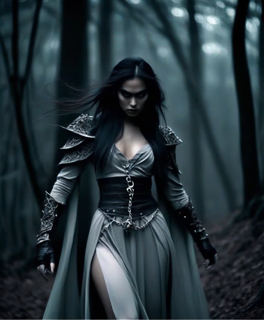  macabre style transform it according to the original. film actress fei ren in the form of the queen of elves of a thief fighter in a chain skirt. in the dark woods. . dark, gothic, grim, haunting, highly detailed, perfecteyes, perfect hands