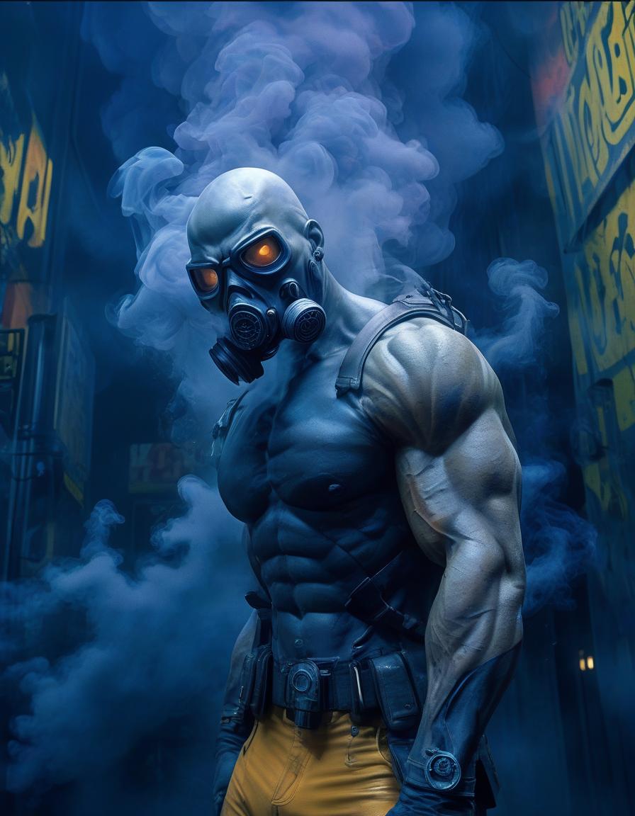  (masterpiece, 8k, uhd, photo realistic, high resolution:1.3), (terrifying muscular man in gas mask:1.4), (smoke coming out of mouth:1.3), (cyberpunk art:1.2), (zbrush central contest winner:1.2), (nuclear art:1.2), (the sandman from graphic novel:1.1), (rogue trooper:1.3), contest winner 2021:1.2), muscular, terrifying, dynamic angle, fire lit dark atmosphere, warm colors, intense emotion, vibrant, looking at viewer, mid swing.