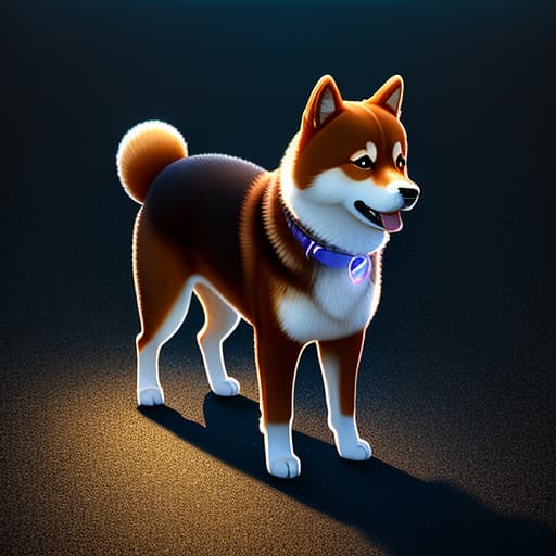  Transparent hologram of a Shiba Inu, mid-walk, appearing to wag its tail, ethereal glow, cast on a dark backdrop, precise edges and intricate fur texture visible, floating slightly above the surface it is projected on, ambient light reflecting off its digital form, volumetric effect, ultra-fine details in a 3D digital rendering